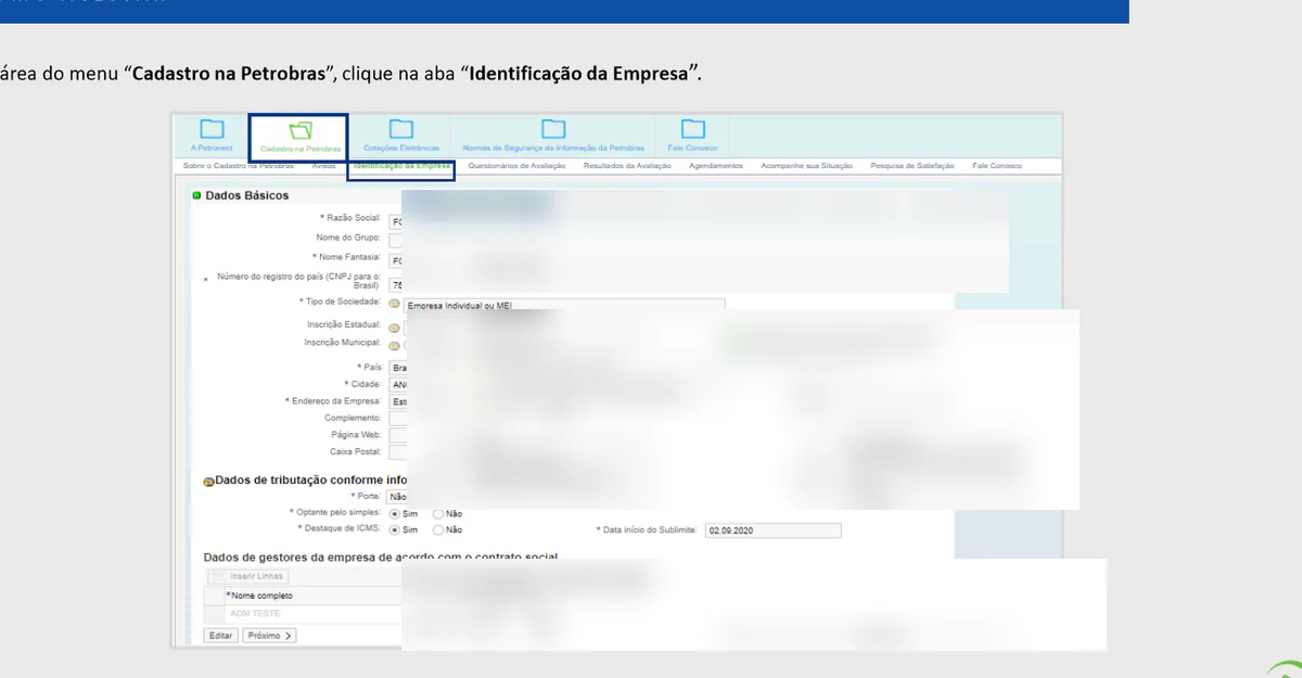 Tela oficial de Identificação da Empresa no Cadastro da Petrobras, com valores ilustrativos anonimizados
