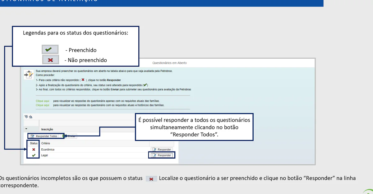 Tela oficial da Petronect para acessar questionários de avaliação