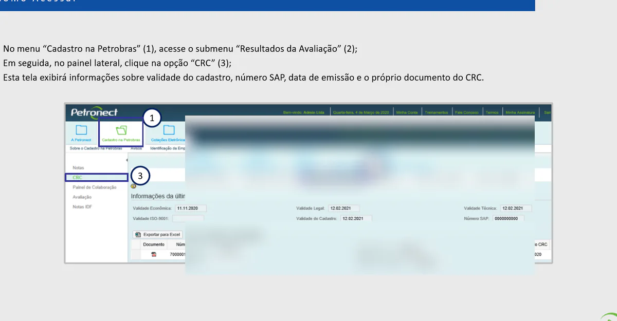 Tela oficial de resultados da avaliação e consulta do CRC na Petronect, com valores ilustrativos anonimizados