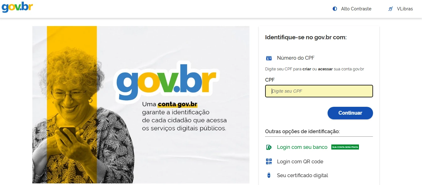 Tela real de identificação do Gov.br com campo CPF para continuar a autenticação