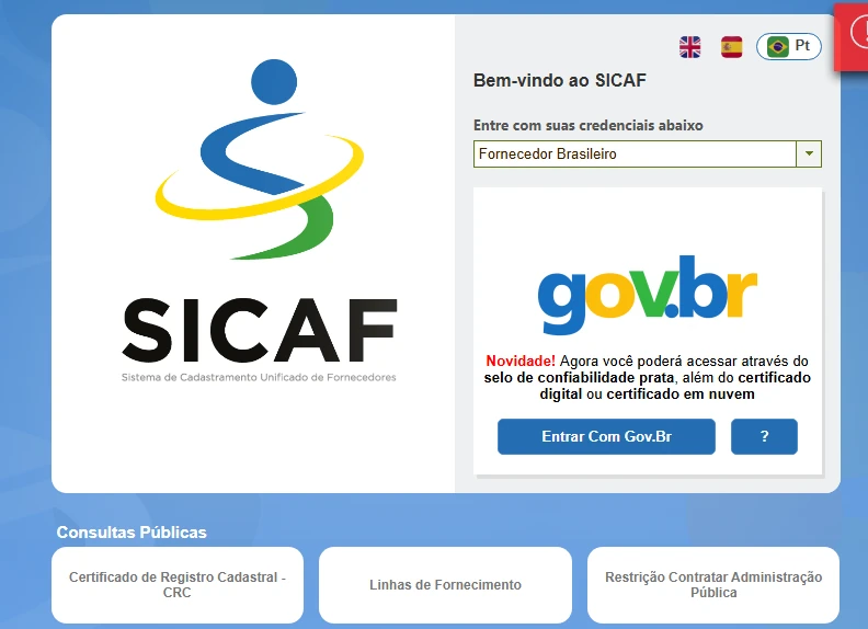 Tela real do SICAF com acesso para fornecedor brasileiro e opção Entrar com Gov.br