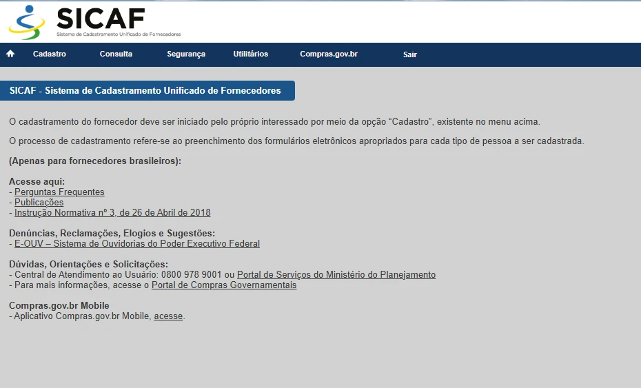 Tela real da página inicial do SICAF com o menu Cadastro para o fornecedor