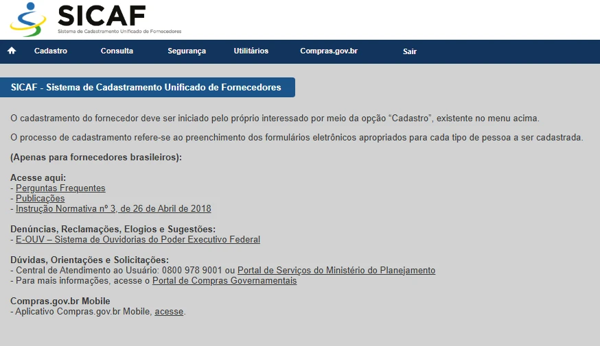 Tela do SICAF com a opção Compras.gov.br no menu superior