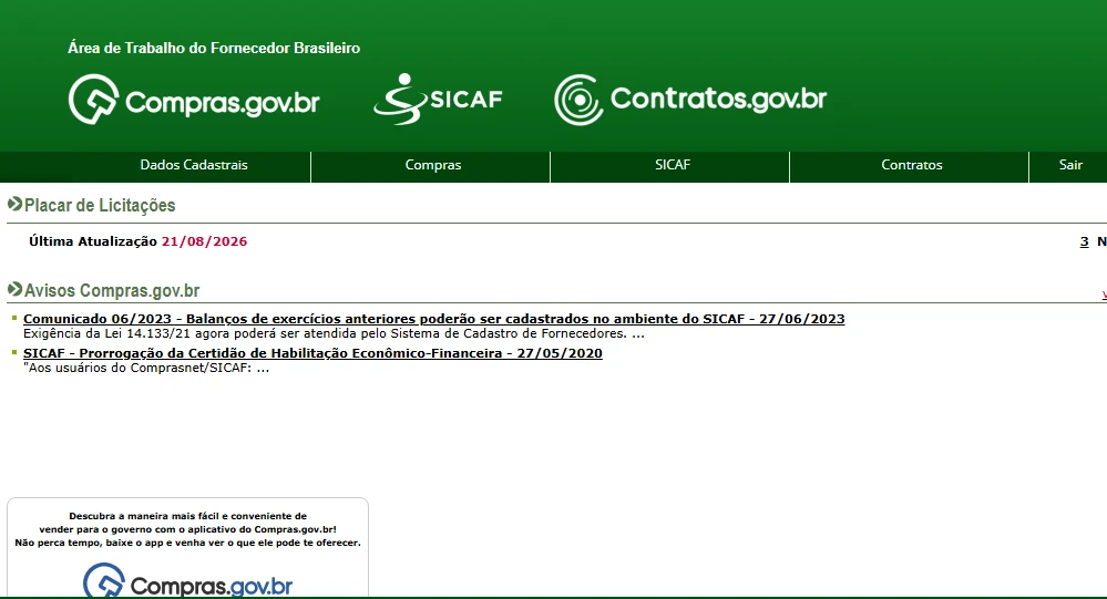 Área de Trabalho do Fornecedor Brasileiro no Compras.gov.br com Dados Cadastrais